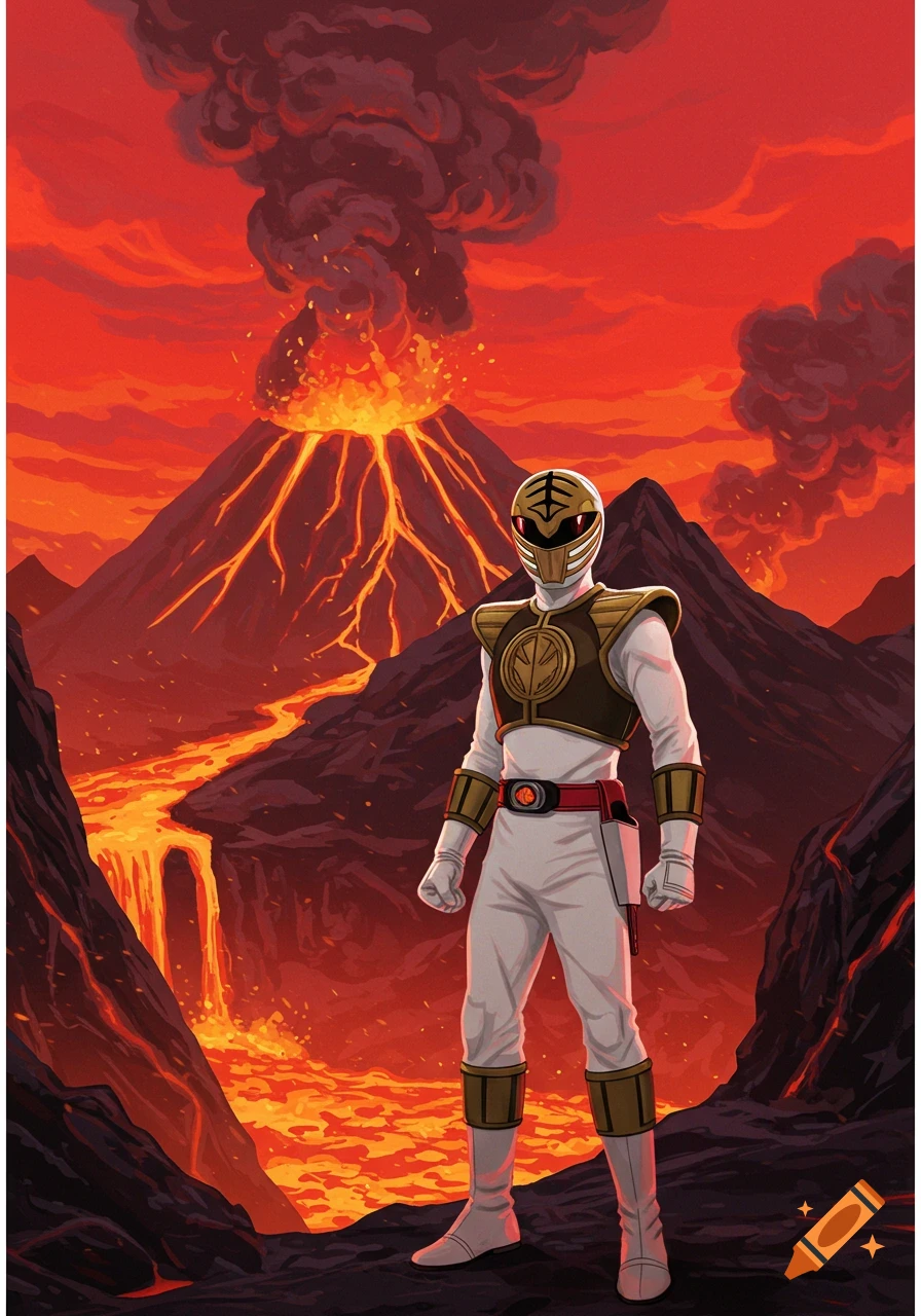 White Power Ranger stands before a erupting volcano and lava flow in an illustration.