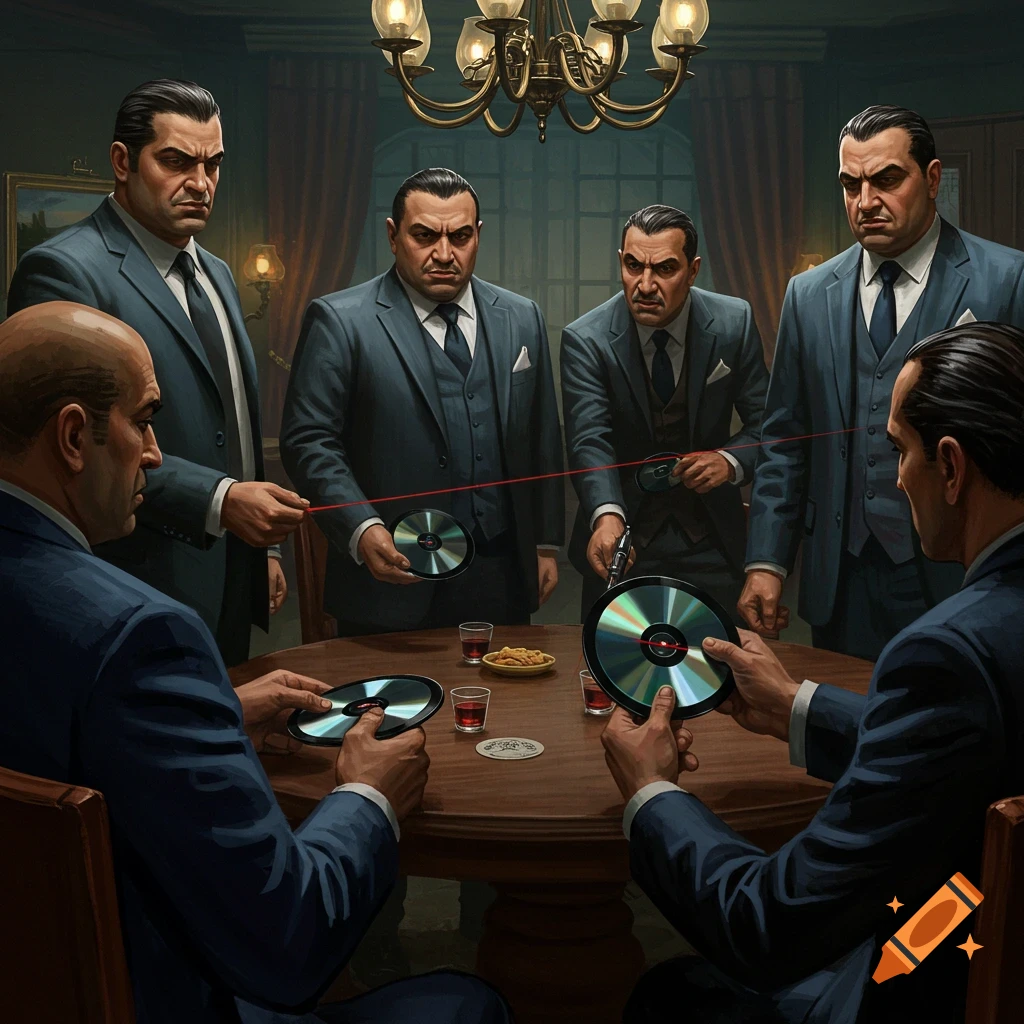 Digital art of mafia men gathered around a table with CDs and a red string.