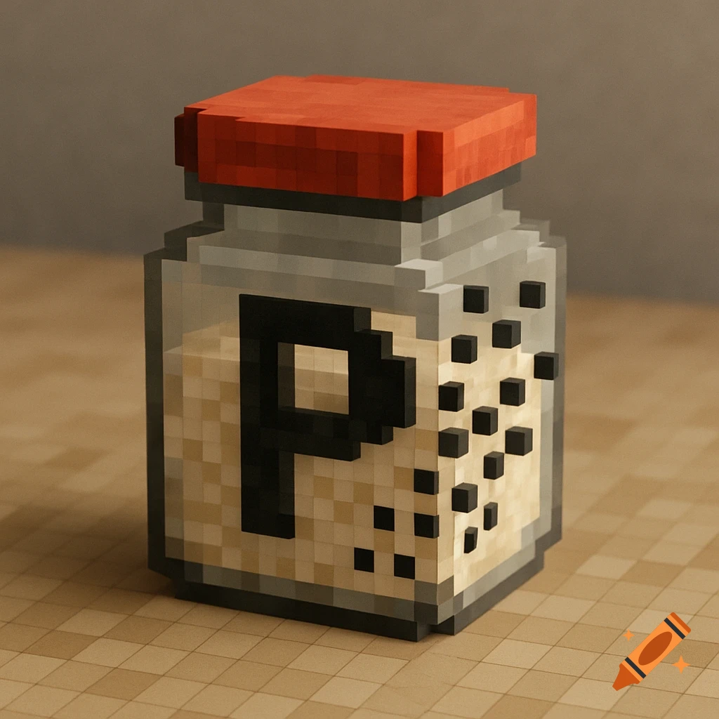 Pixel art shaker jar labeled with a P