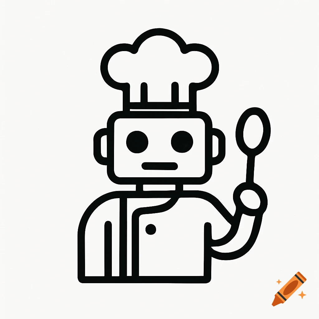 Simple black outline logo of a robot chef holding a spoon.