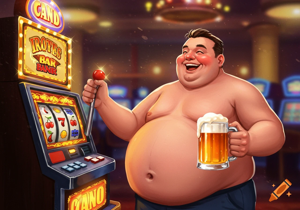 A shirtless fat man smiles while pulling the lever of a slot machine, holding a mug of beer, in a casino.
