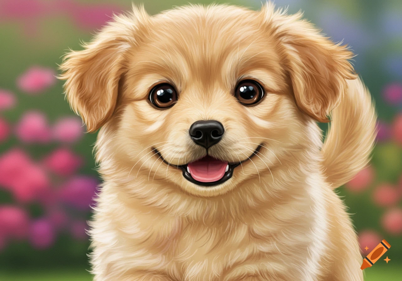 Illustration of a smiling golden puppy against a blurred background of grass and flowers.