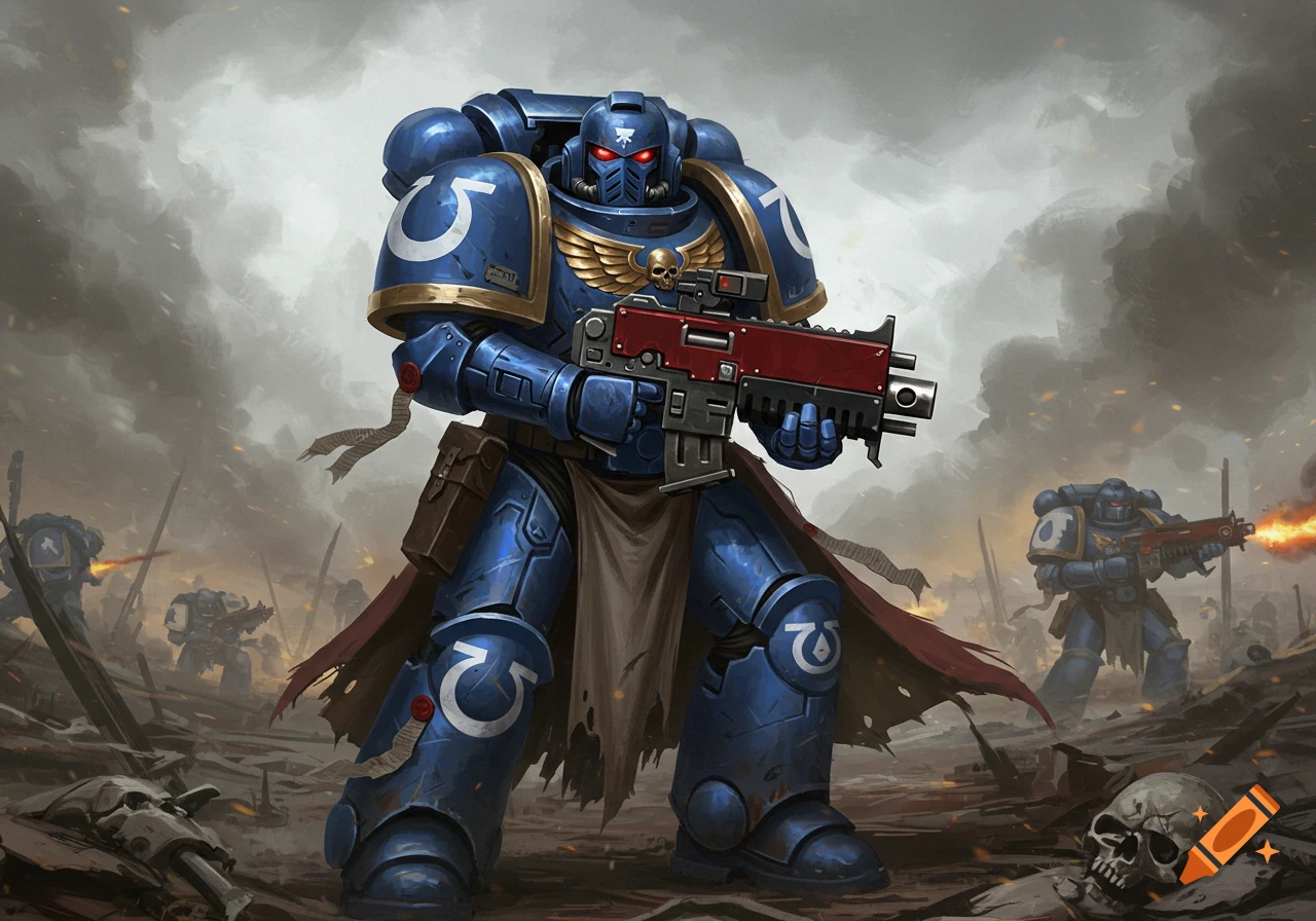 A Warhammer 40k Space Marine stands on a battlefield with other marines ...