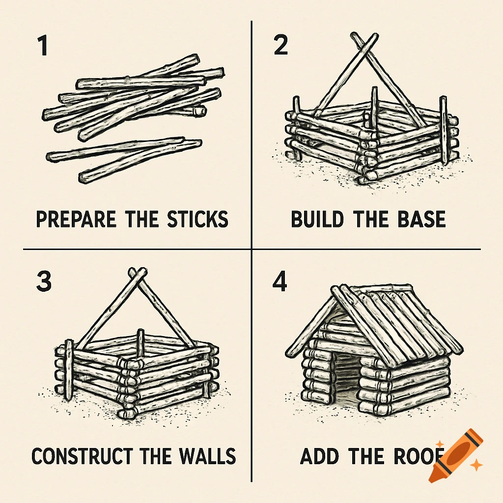 A 4-step diagram showing how to build a small wooden hut from sticks.