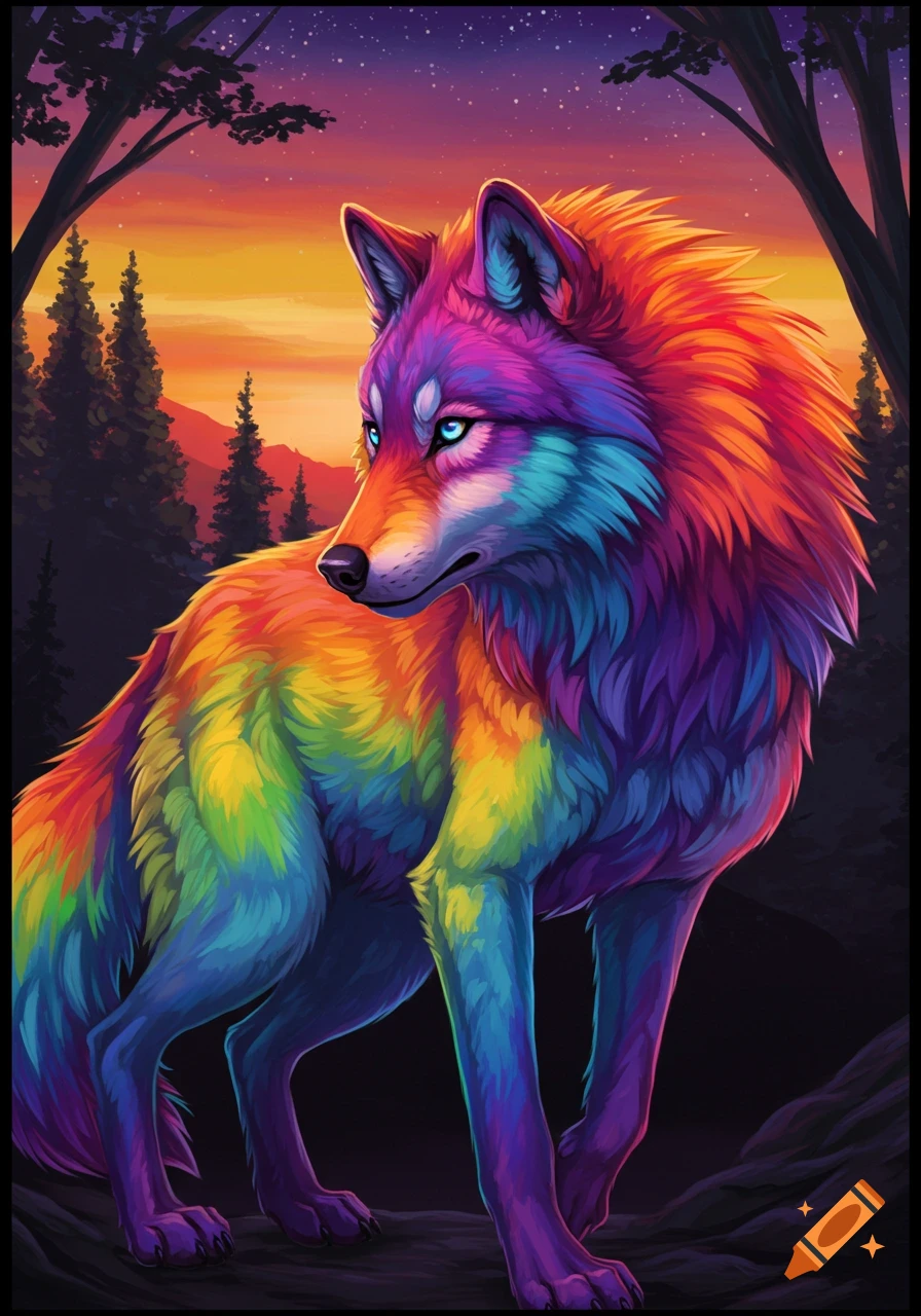 Stylized rainbow wolf in a forest with a twilight sky.