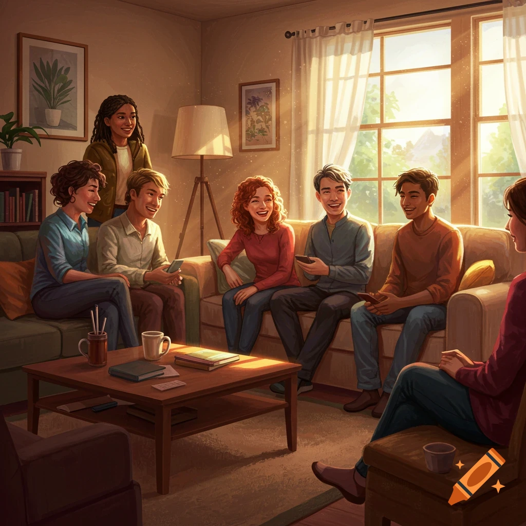 Illustration of diverse people talking and smiling in a sunlit living room.