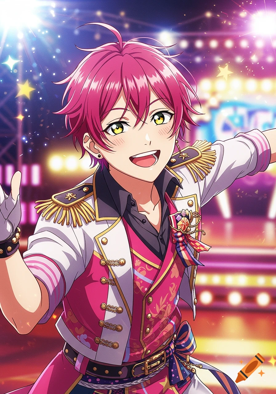Anime fanart of a male idol in a pink and white costume on stage.