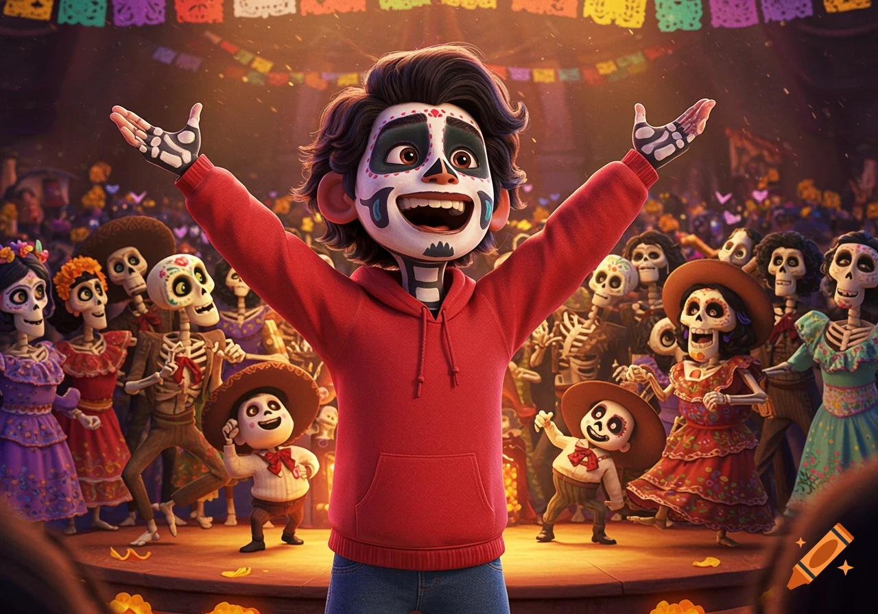 Young boy with skeleton face paint on stage with arms raised, surrounded by animated skeletons celebrating Day of the Dead.