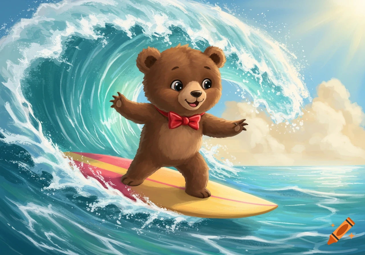 Cute cartoon bear surfing a large wave on a sunny day.