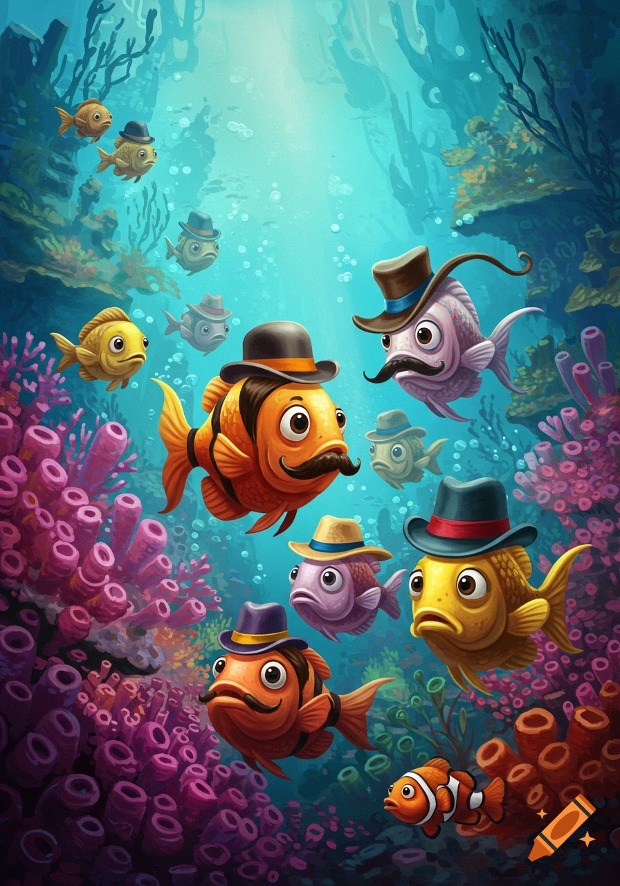 Cartoon illustration of fish wearing hats swimming among coral underwater.