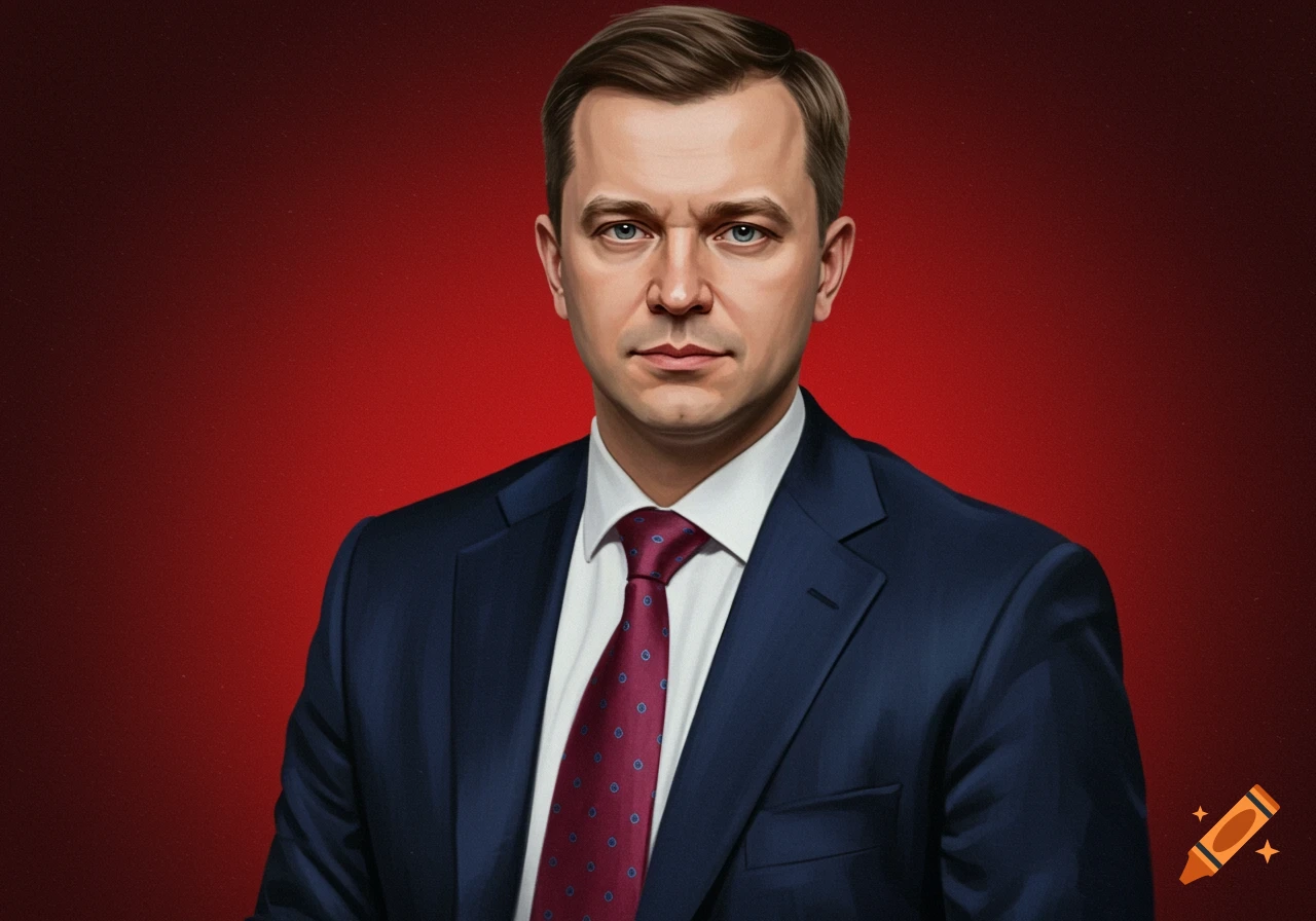 Portrait of a man in a dark suit and red tie against a red background.