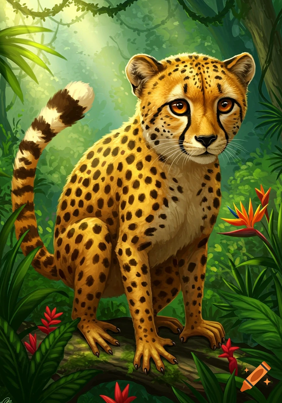 Illustration of a cheetah-like creature sitting on a log in a lush jungle.