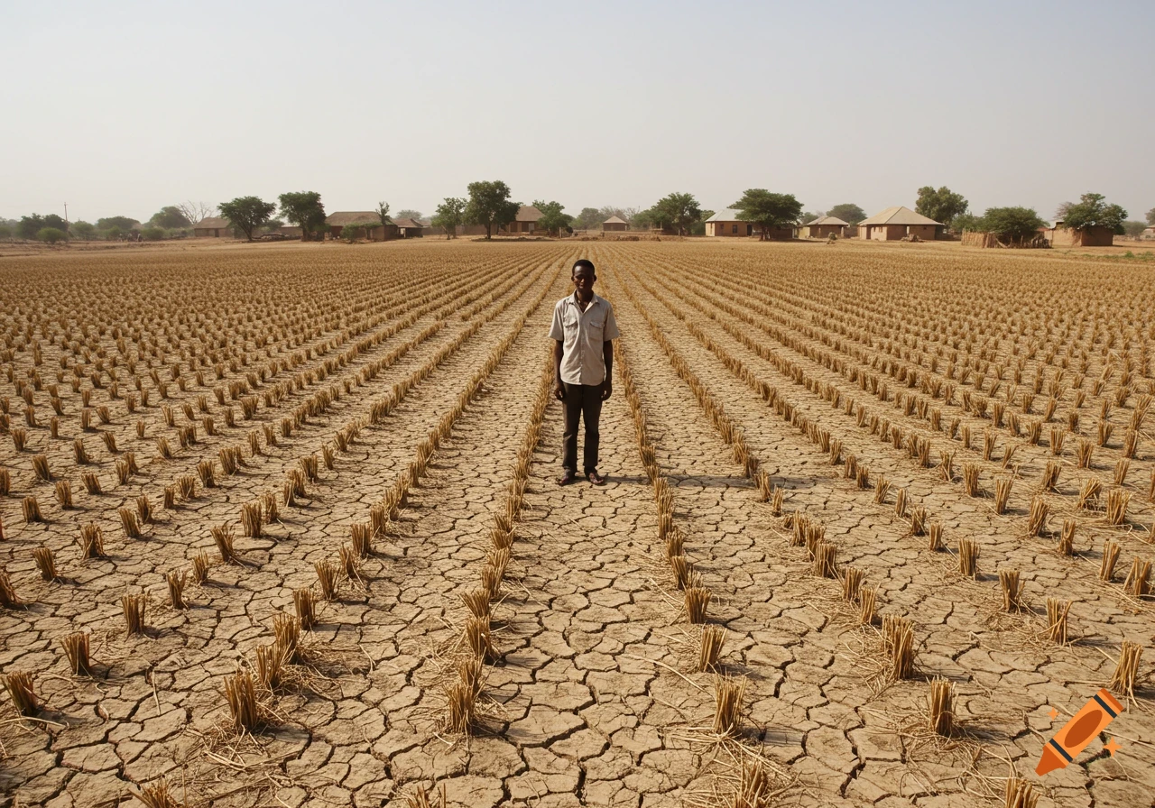 A man stands in a cracked, dry field with stubble rows. A village is in the background under a hazy sky.