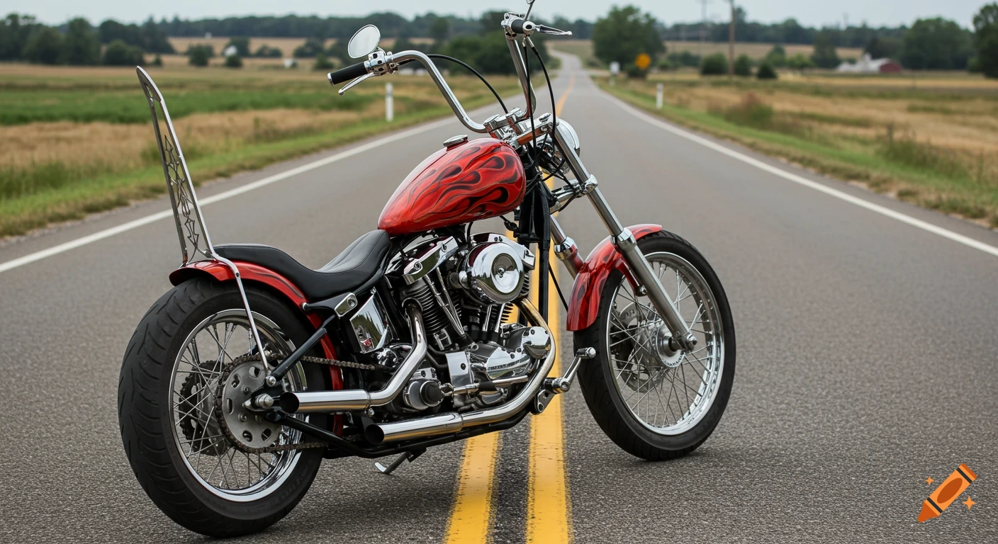 A custom red chopper motorcycle with flame paint sits on a two-lane road.