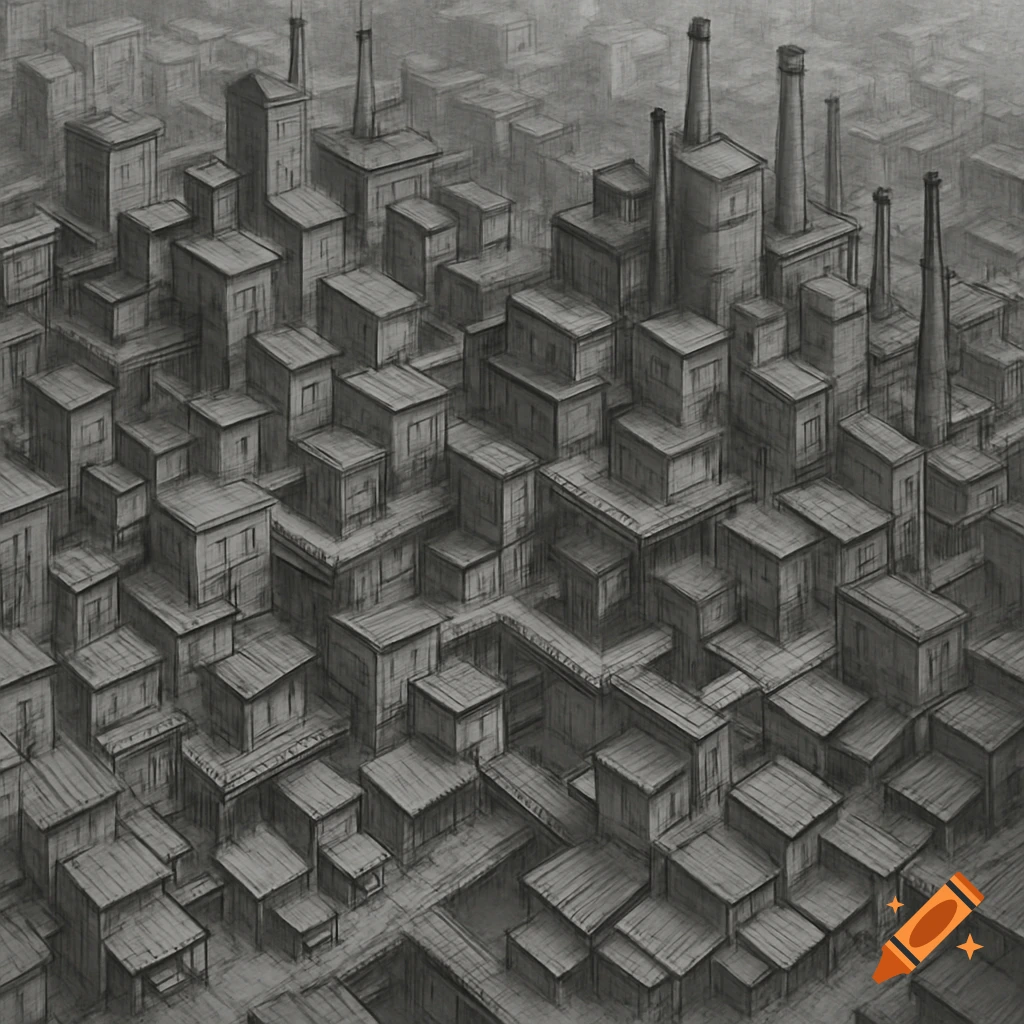 Sketch of a dense, dystopian city with tall buildings and smokestacks, connected by walkways.