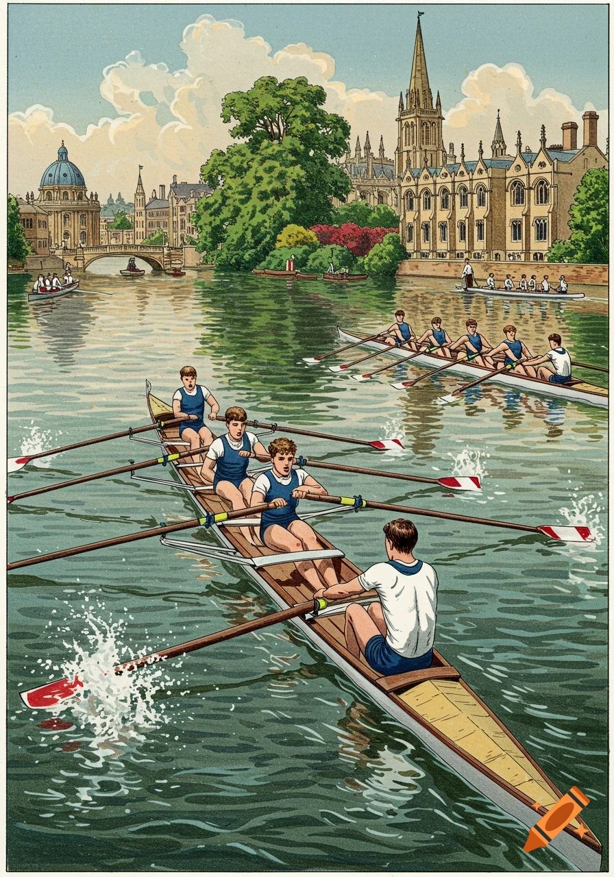 A vintage illustration of rowers on a river with historical buildings and trees in the background.