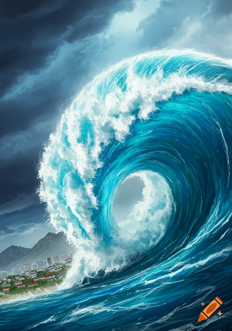 A massive blue tsunami wave crashes towards a coastal city under a stormy sky with lightning.