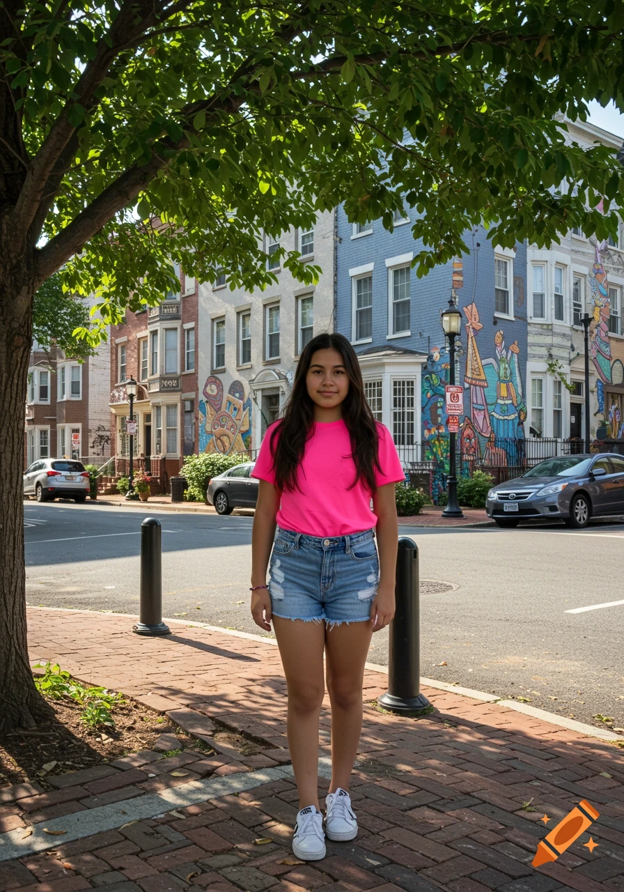 Young girl standing on a sidewalk in front of urban buildings with colorful murals.