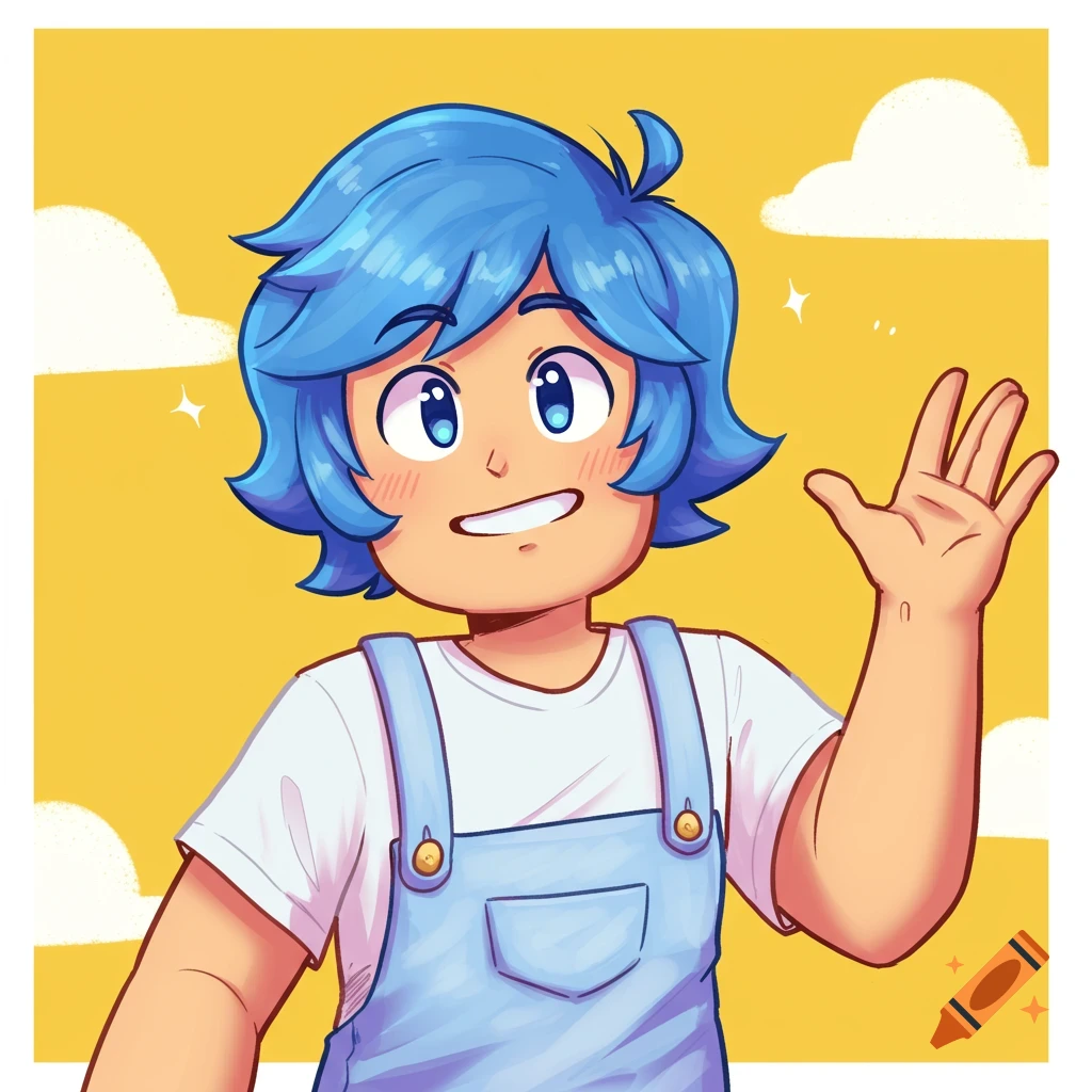 Cartoon portrait of a character with blue hair waving, yellow background with clouds.