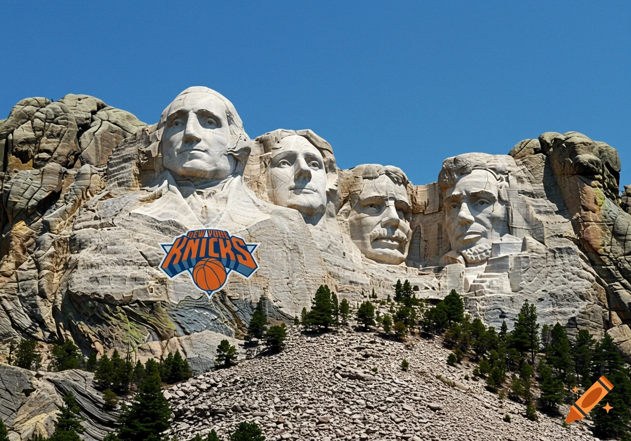 Mount Rushmore with a New York Knicks logo superimposed on the rock.