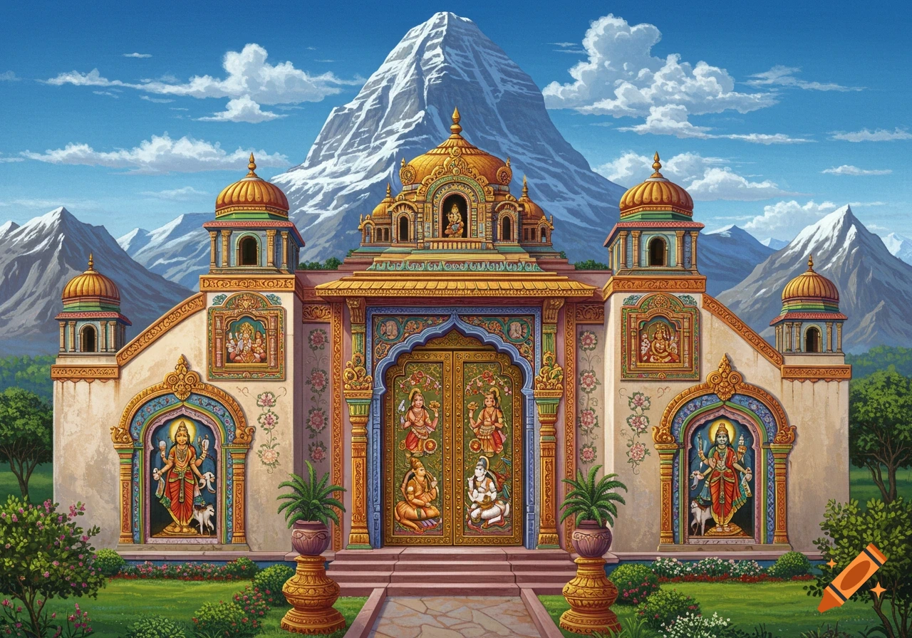 Detailed painting of an ornate, colorful Hindu temple or palace with intricate doors and figures, set before a large snowy mountain under a blue sky.