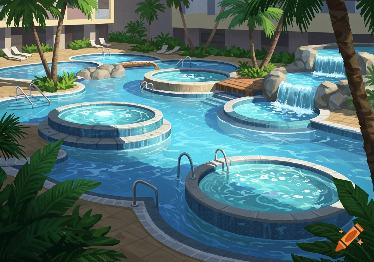A resort pool area with multiple pools, hot tubs, waterfalls, and palm trees, in an illustration style.
