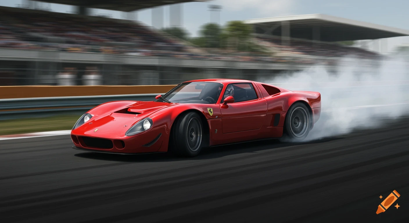 A red race car drifts on a track, leaving a trail of smoke.