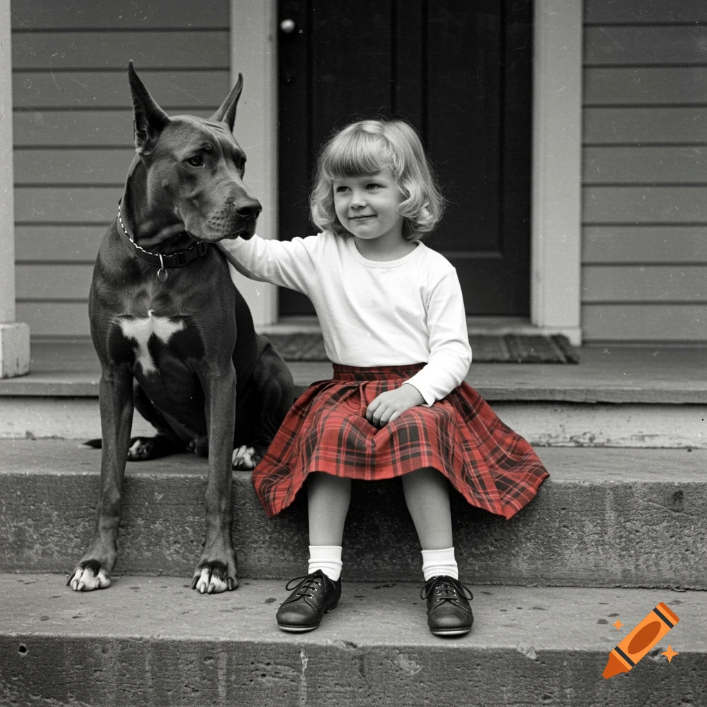 Black and white photo of a young girl sitting on steps next to a Great Dane.