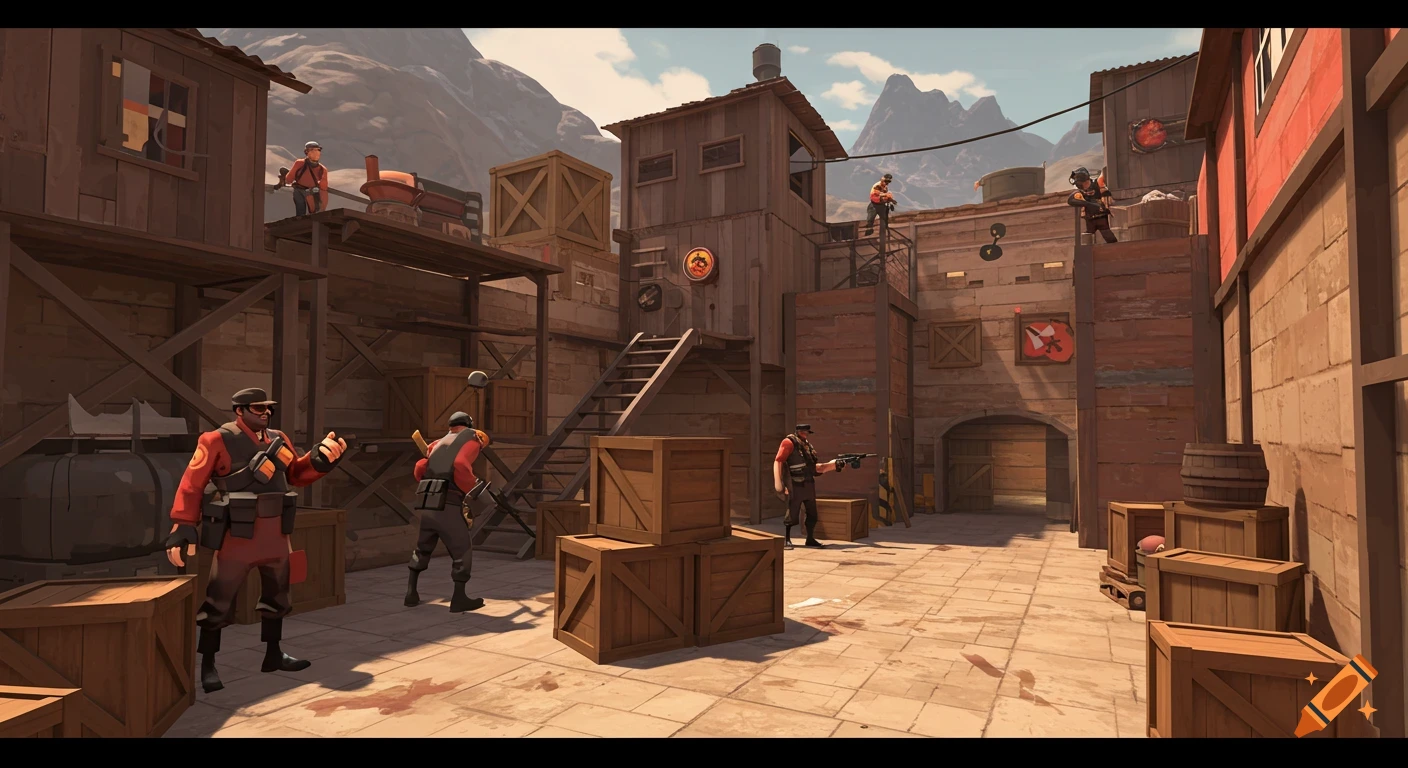 Team Fortress 2 style characters on a video game map with buildings and crates.
