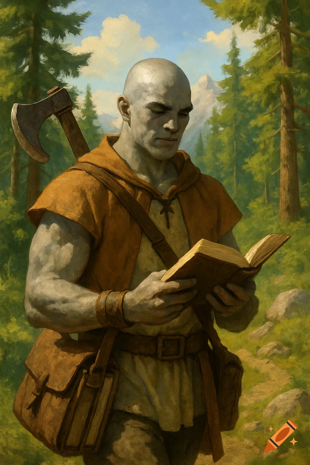 Bald, grey-skinned goliath with an axe on his back reads a book while walking through a sunny forest. Painting style.