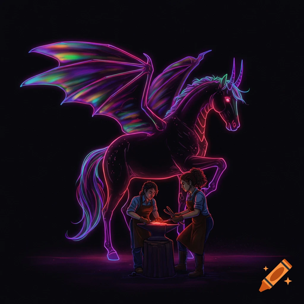 Neon silhouette of a winged unicorn and two blacksmiths at an anvil.
