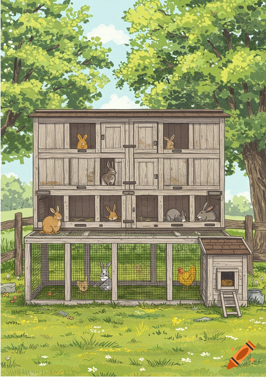 Illustration of a multi-level rabbit hutch with a chicken run underneath in a grassy yard.