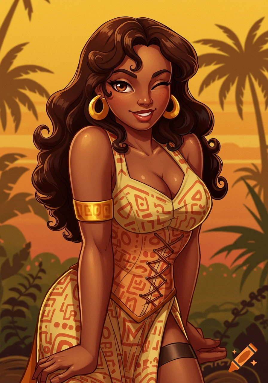A stylized pin-up illustration of a dark-skinned woman with curly hair, winking, in a tropical setting.