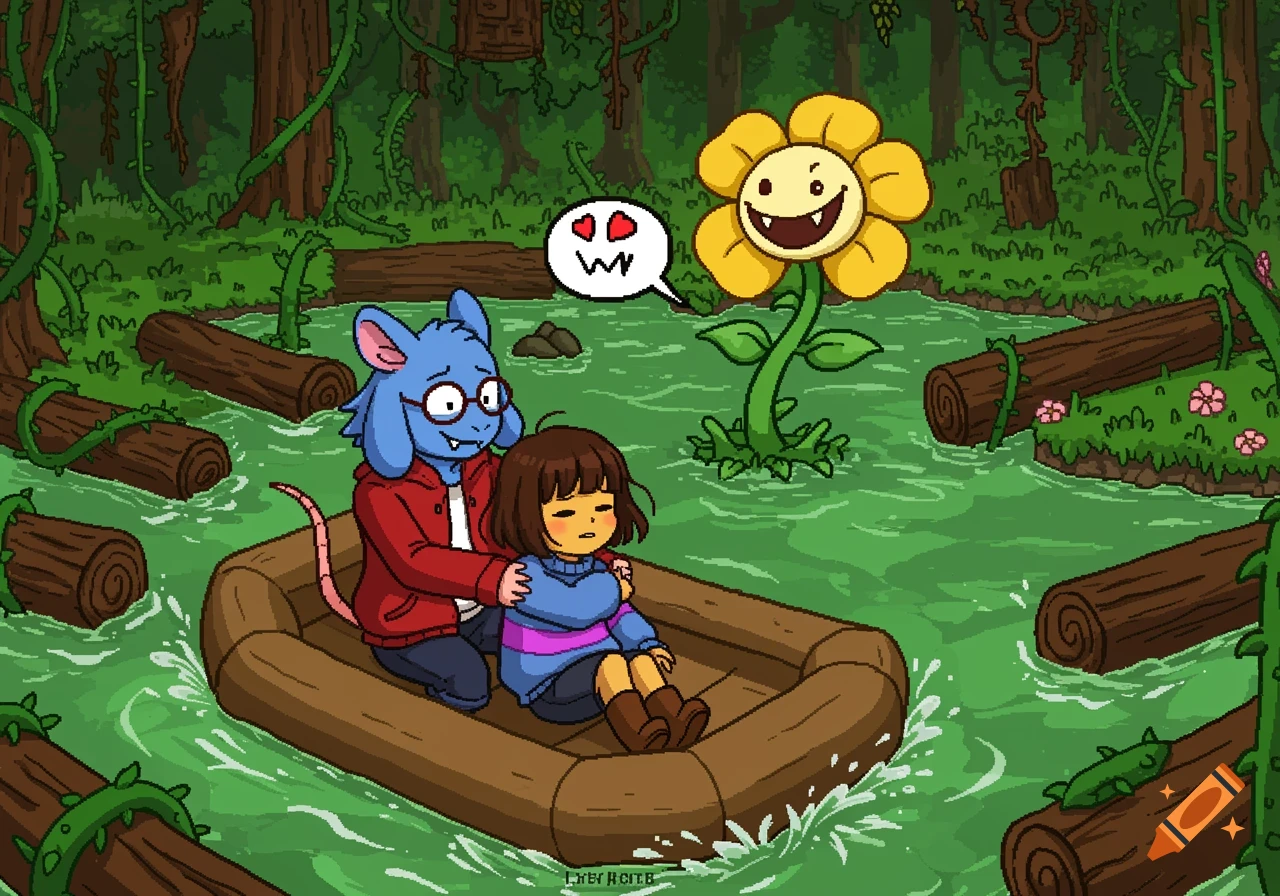 A blue rat character and Frisk in a boat on a green river, near a large yellow flower in a forest. Pixel art style.