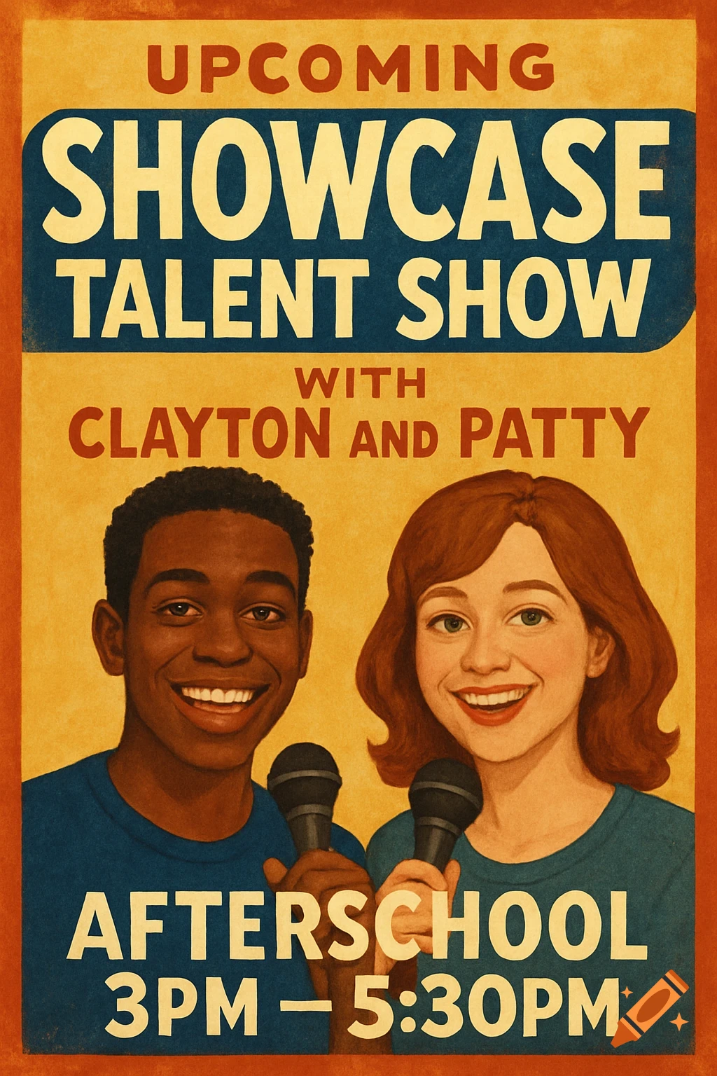 Vintage-style poster for an upcoming talent show featuring two young people holding microphones, with event details.