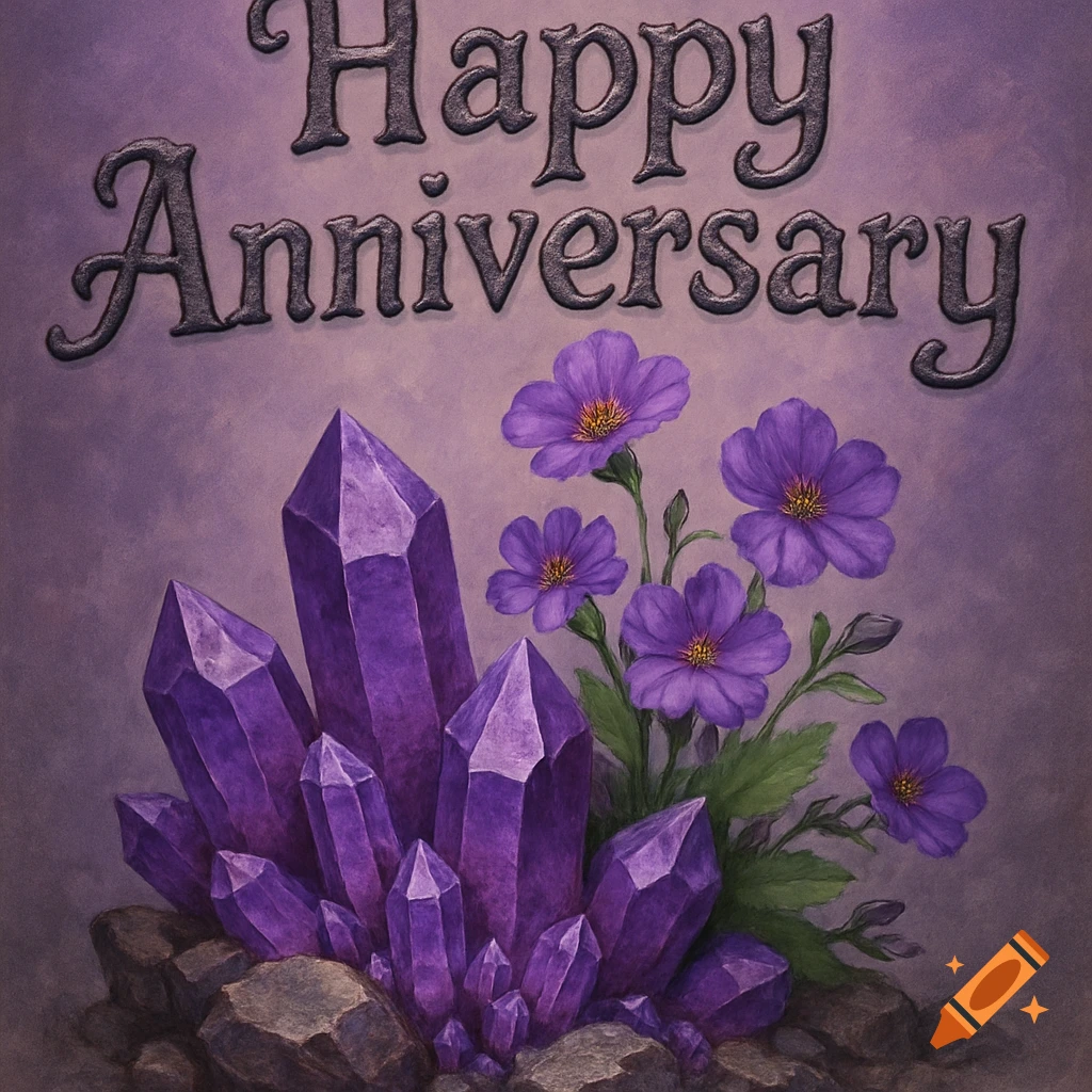 Purple crystals, rocks, and flowers with 'Happy Anniversary' text.