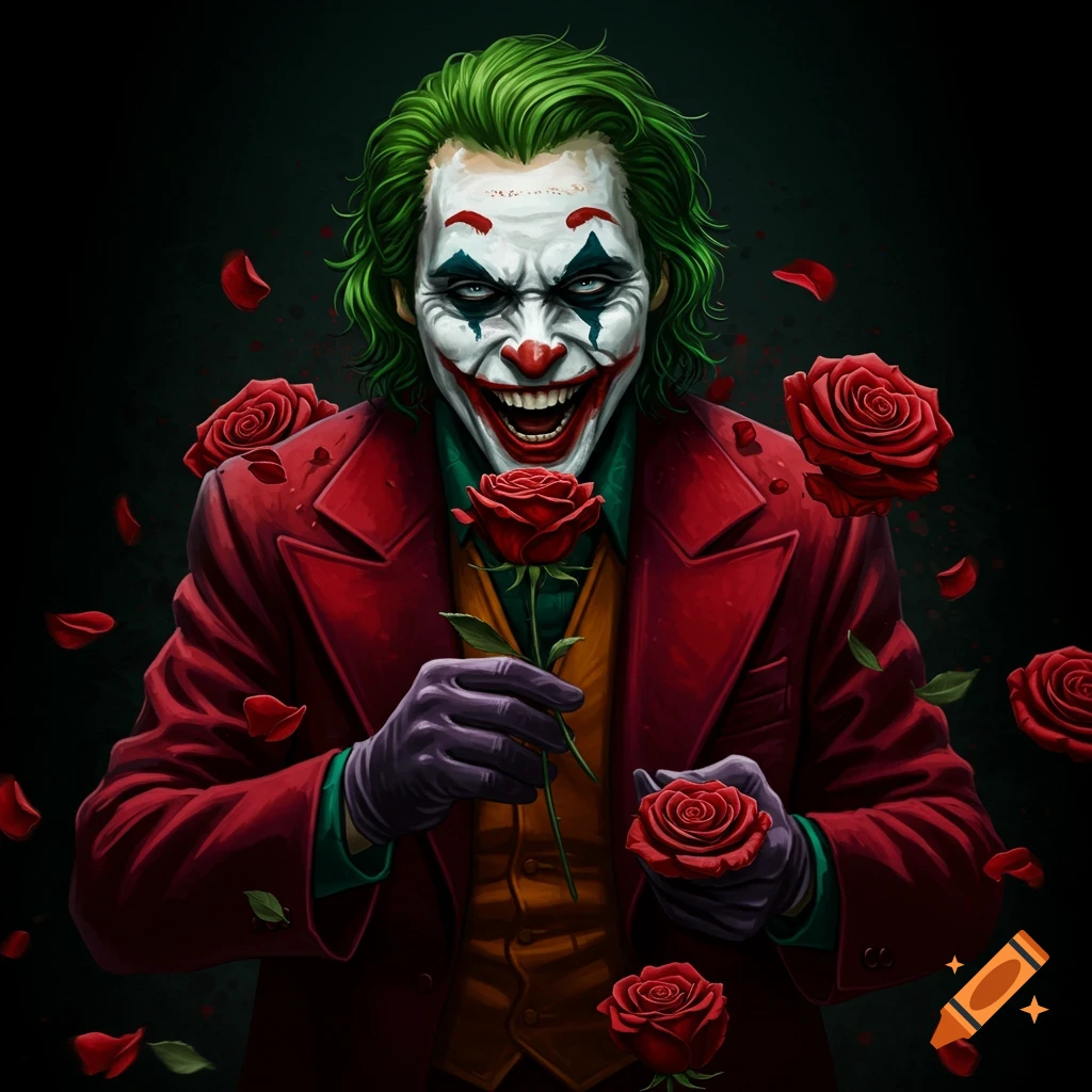Stylized portrait of the Joker holding red roses with petals falling around him.