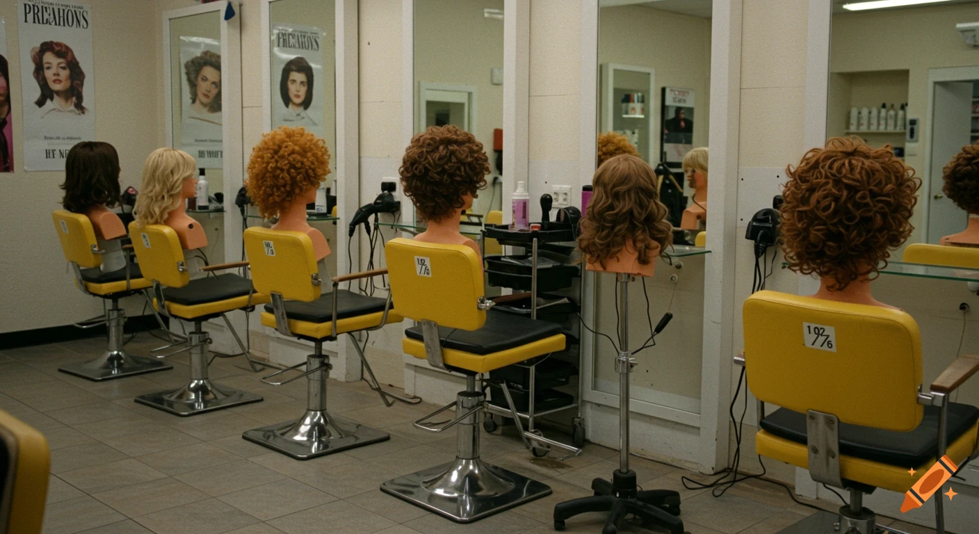 Interior view of a hair salon with mannequins on chairs, posters, and mirrors.