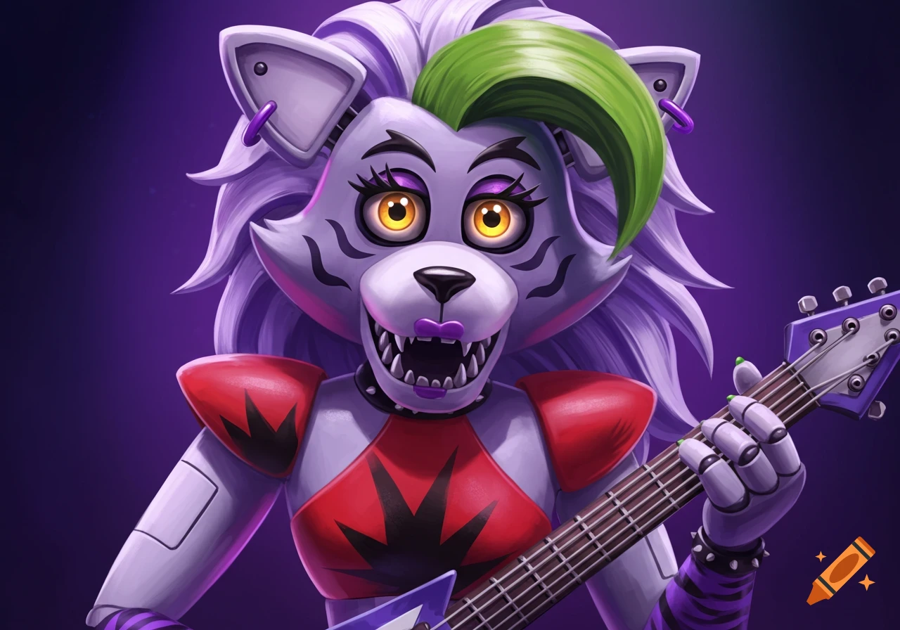 Stylized illustration of Roxanne Wolf from Five Nights at Freddy's playing a guitar.