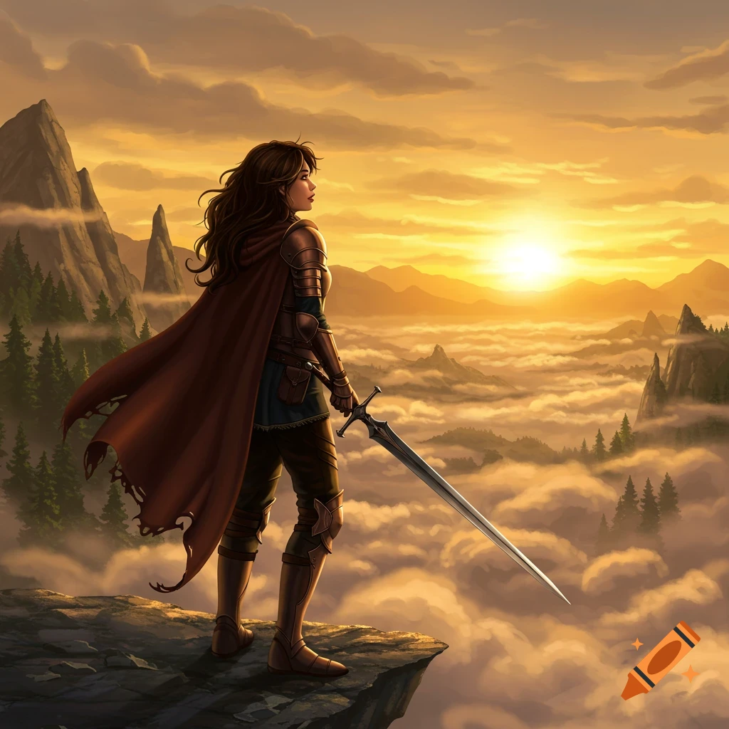 Female warrior with sword and cape stands on a cliff overlooking a valley of clouds at sunrise.