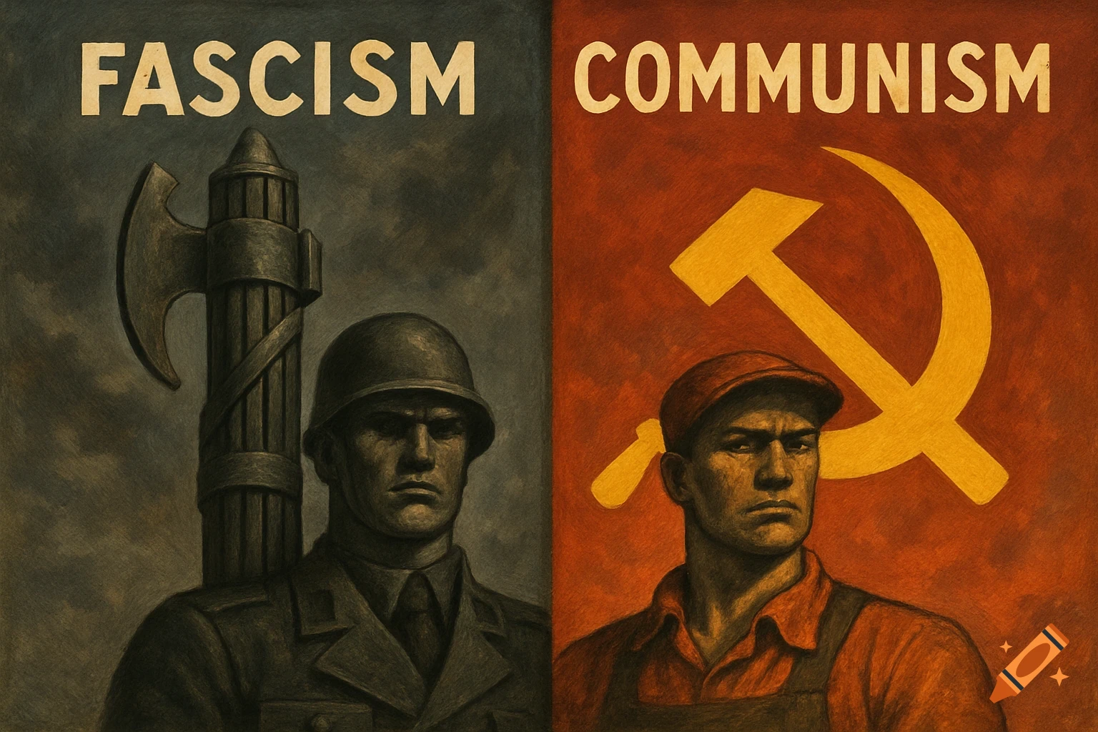 Split image comparing Fascism and Communism with figures and symbols, illustration style.