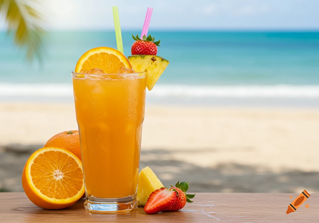 A cocktail garnished with orange, pineapple, and strawberry sits on a table on a beach.