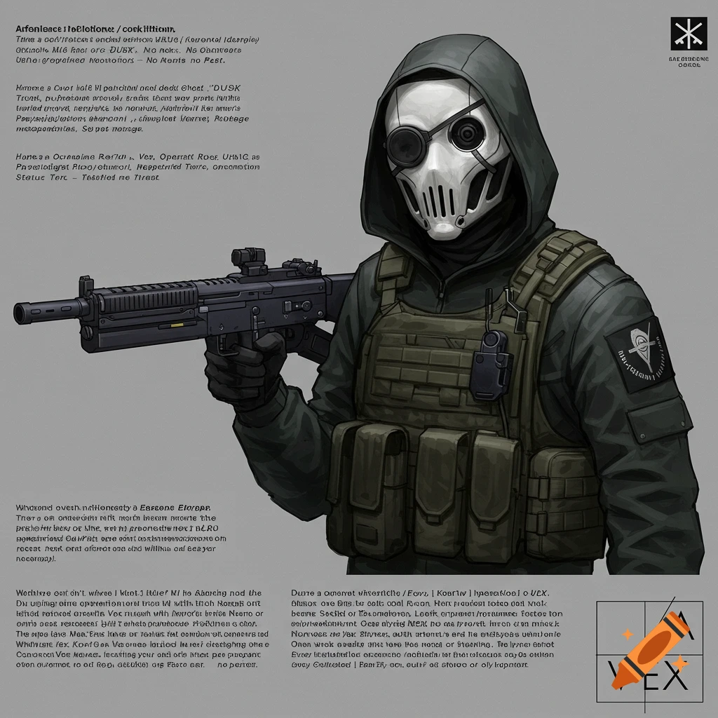 Illustration of a tactical operative wearing a skull mask and hood, holding a rifle.