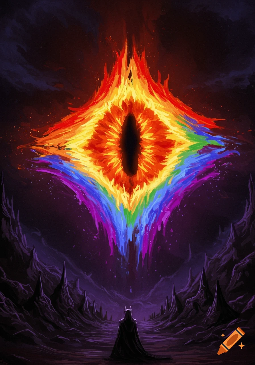 A hooded figure stands in a dark landscape facing a large eye of fire and rainbow colors in the sky.