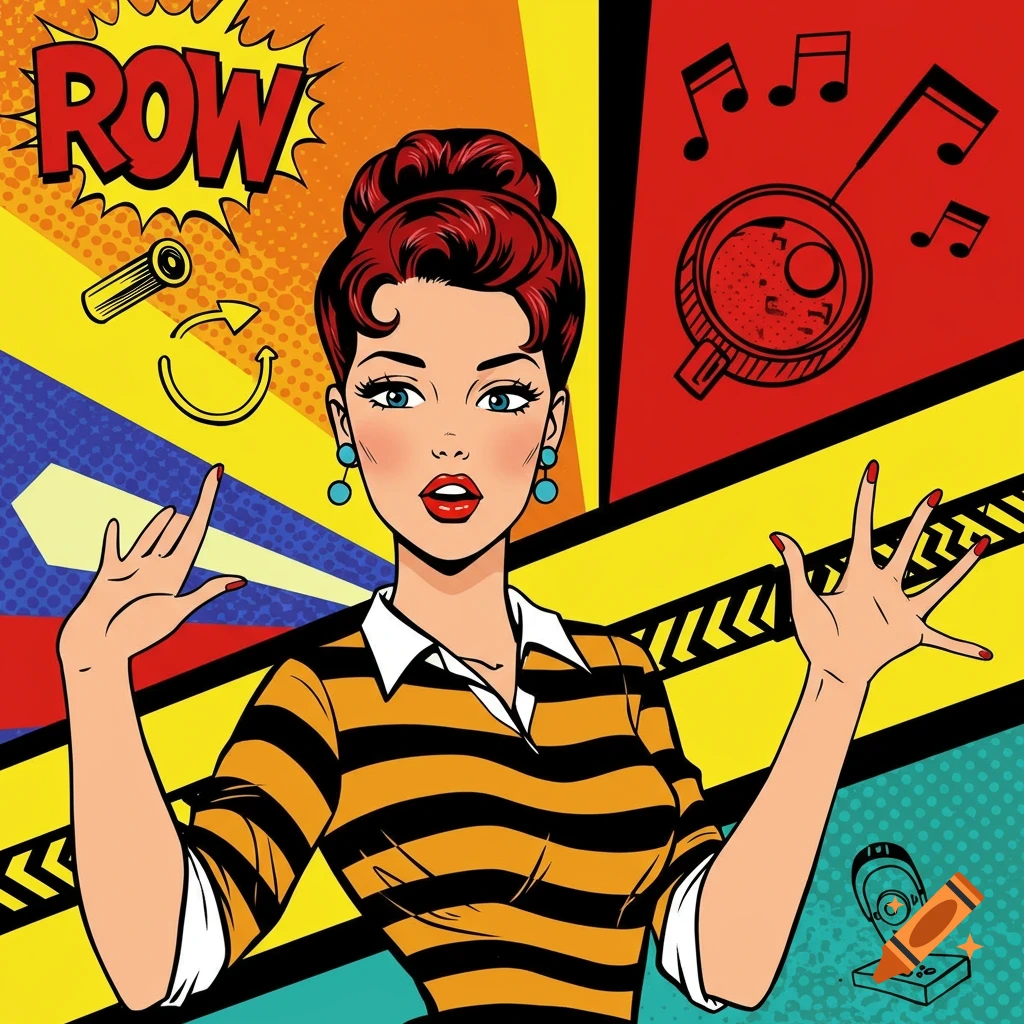 Pop art illustration of a woman with red hair in a yellow striped shirt, with speech bubble text, music notes, and abstract shapes.