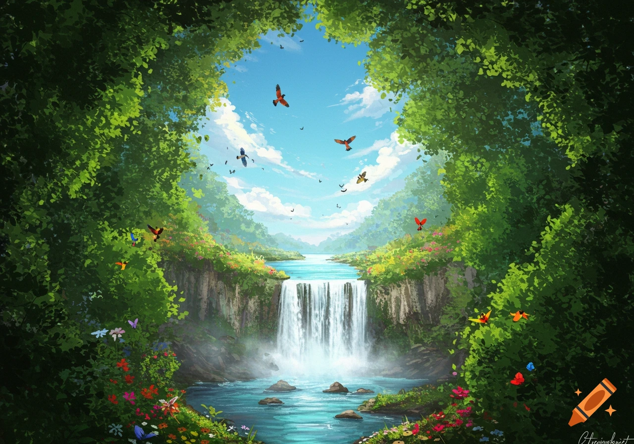Lush forest view of a waterfall and river with colorful birds and butterflies flying. Digital painting.
