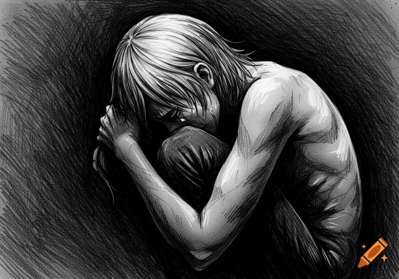 Sketch drawing of a person curled up, crying, with heavy shading, portraying sadness.