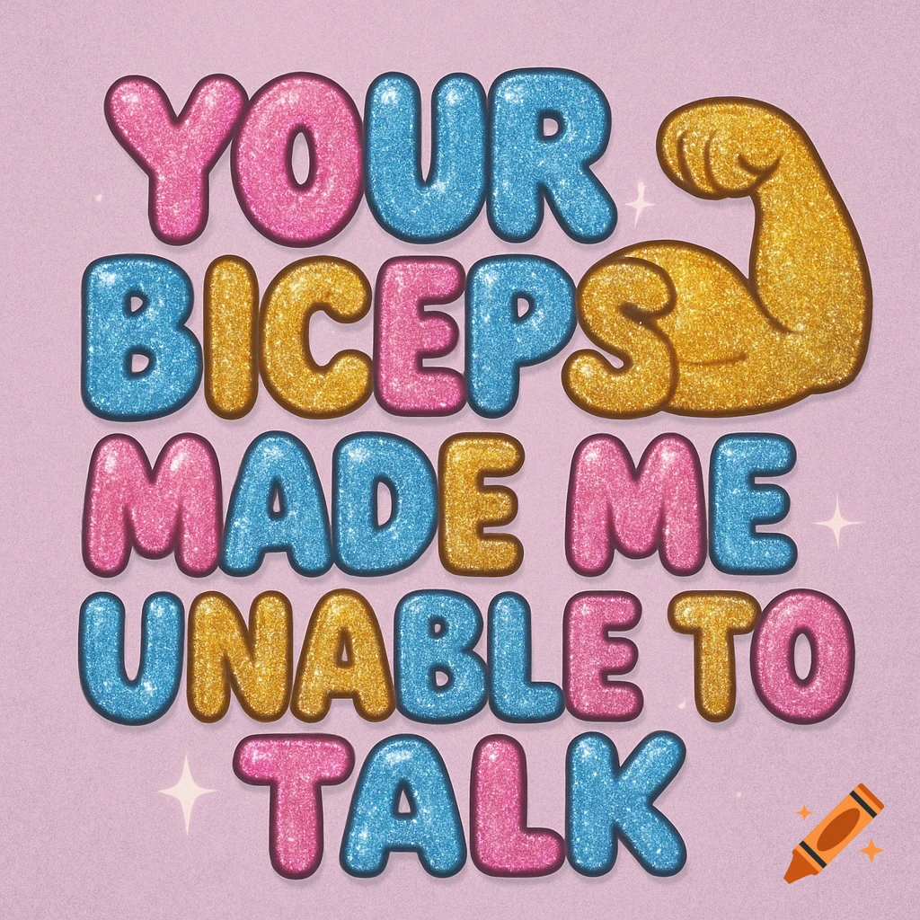 Glittery bubble text reading 'YOUR BICEPS MADE ME UNABLE TO TALK' with a flexing bicep.