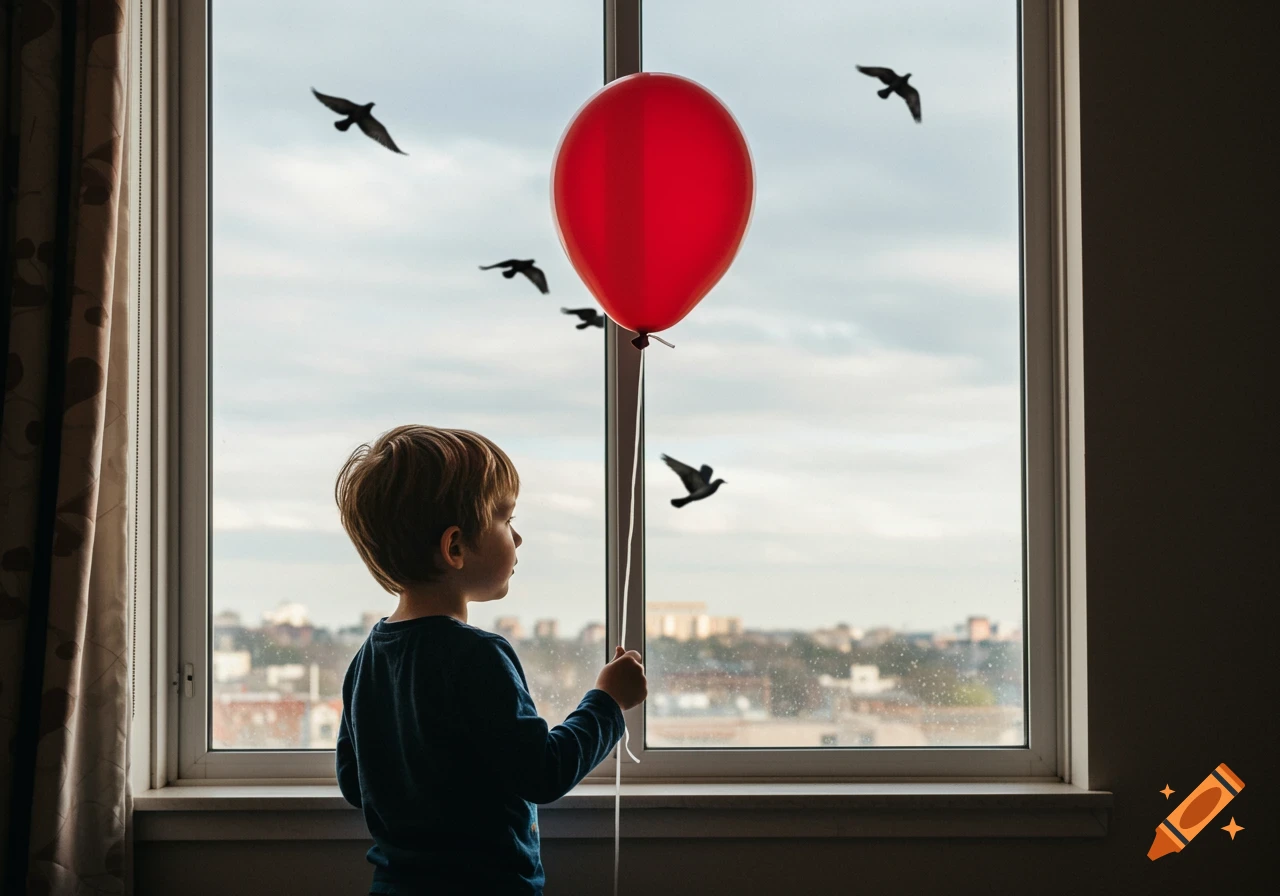 Young boy holding a red balloon looking out a window at flying birds, photorealistic