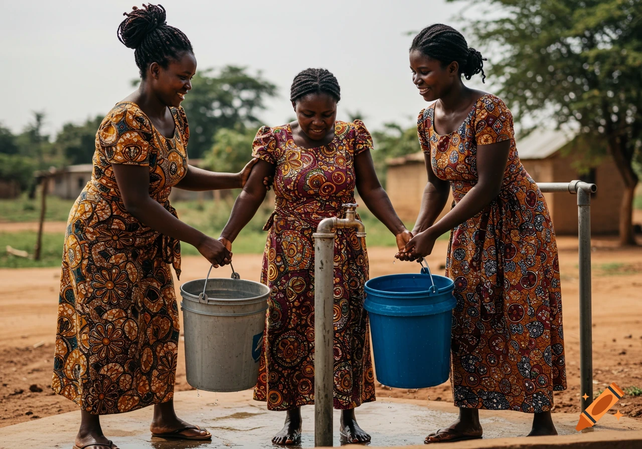 Three women fill buckets with water from a tap in a rural community.